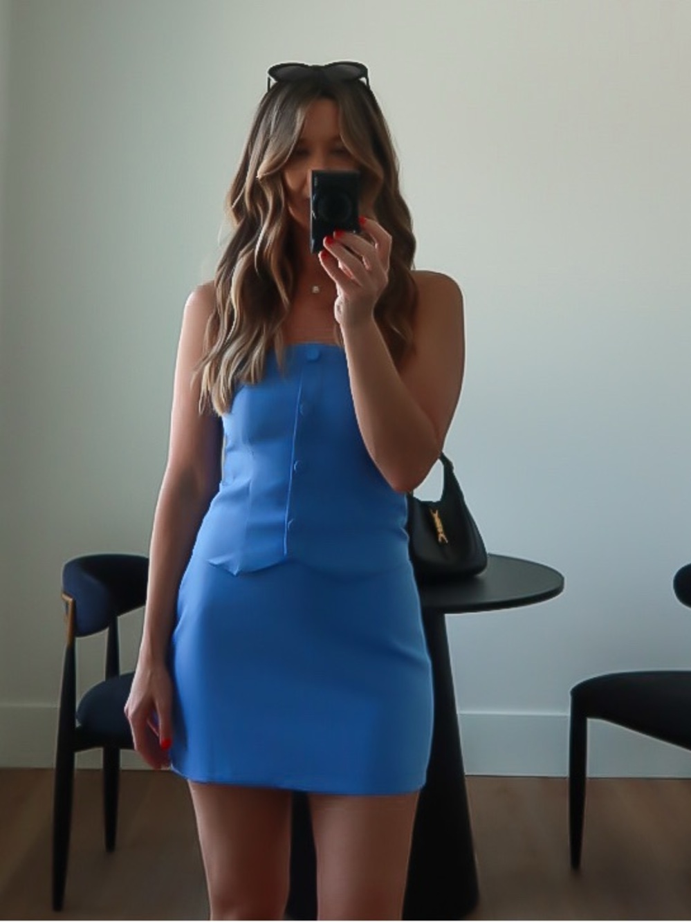 Blue Strapless faux Button-Front Women’s top